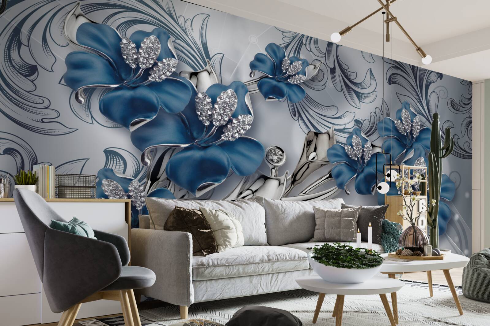 Фотошпалери сріблясто-блакитні квіти