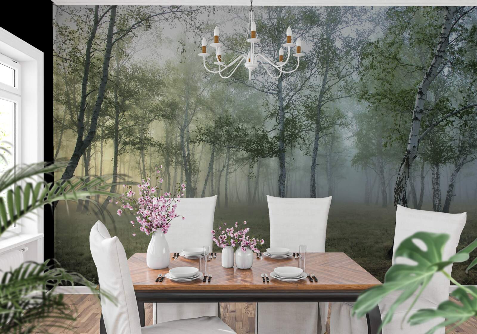 Фотошпалери високі берези, оповиті ранковим туманом