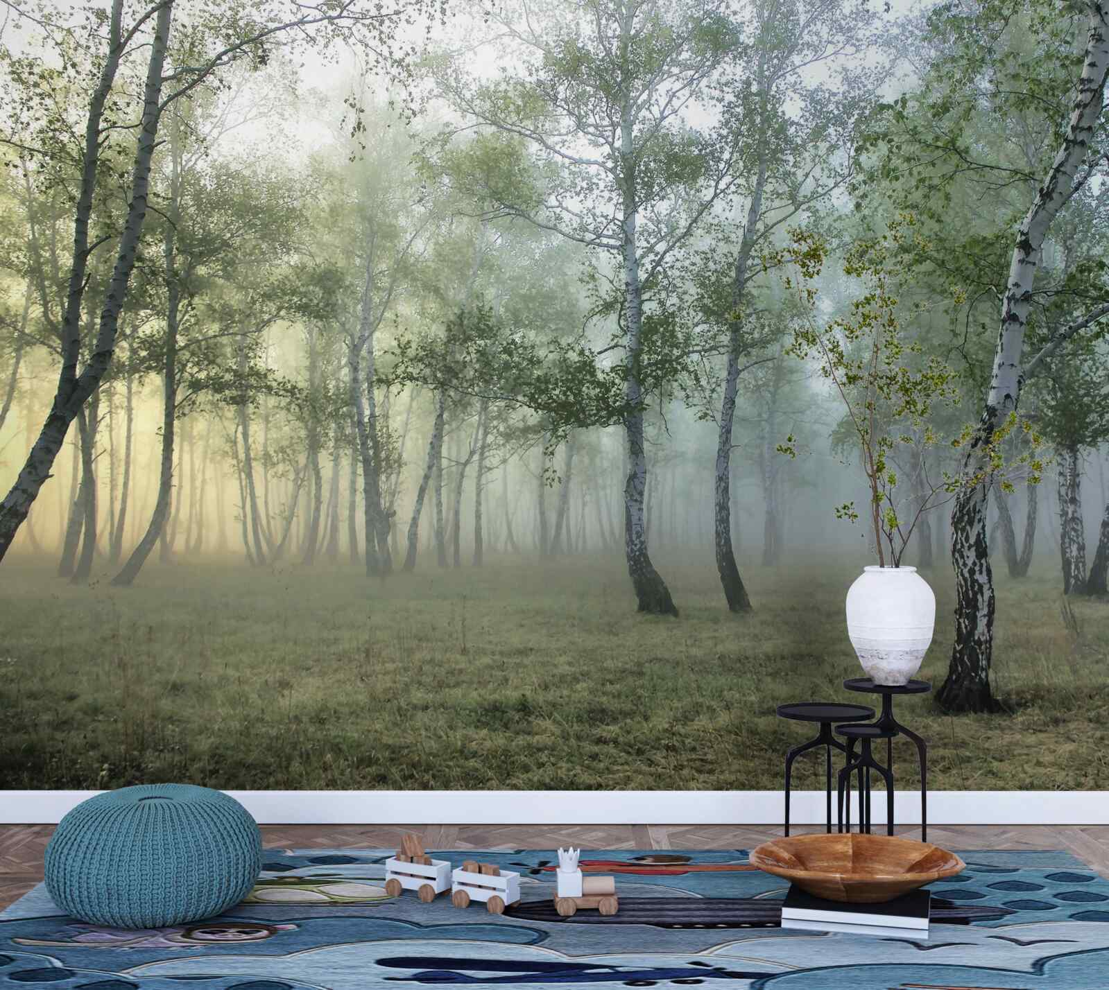 Фотошпалери високі берези, оповиті ранковим туманом