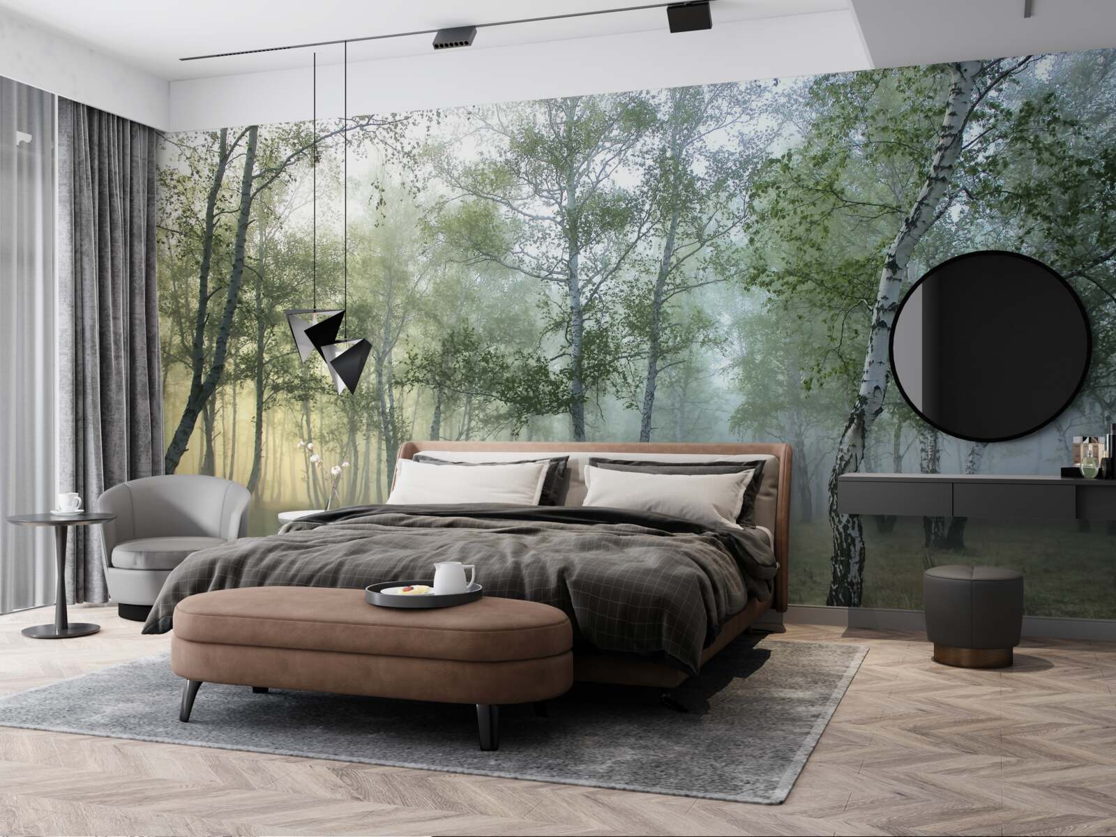 Фотошпалери високі берези, оповиті ранковим туманом