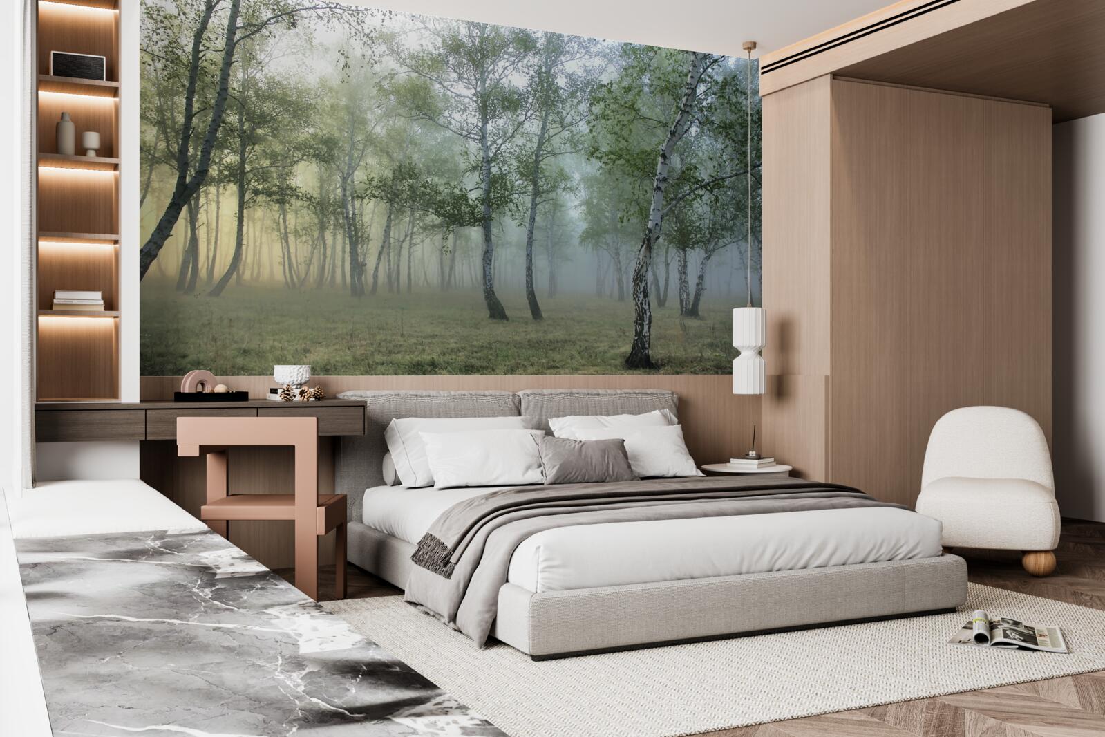 Фотошпалери високі берези, оповиті ранковим туманом