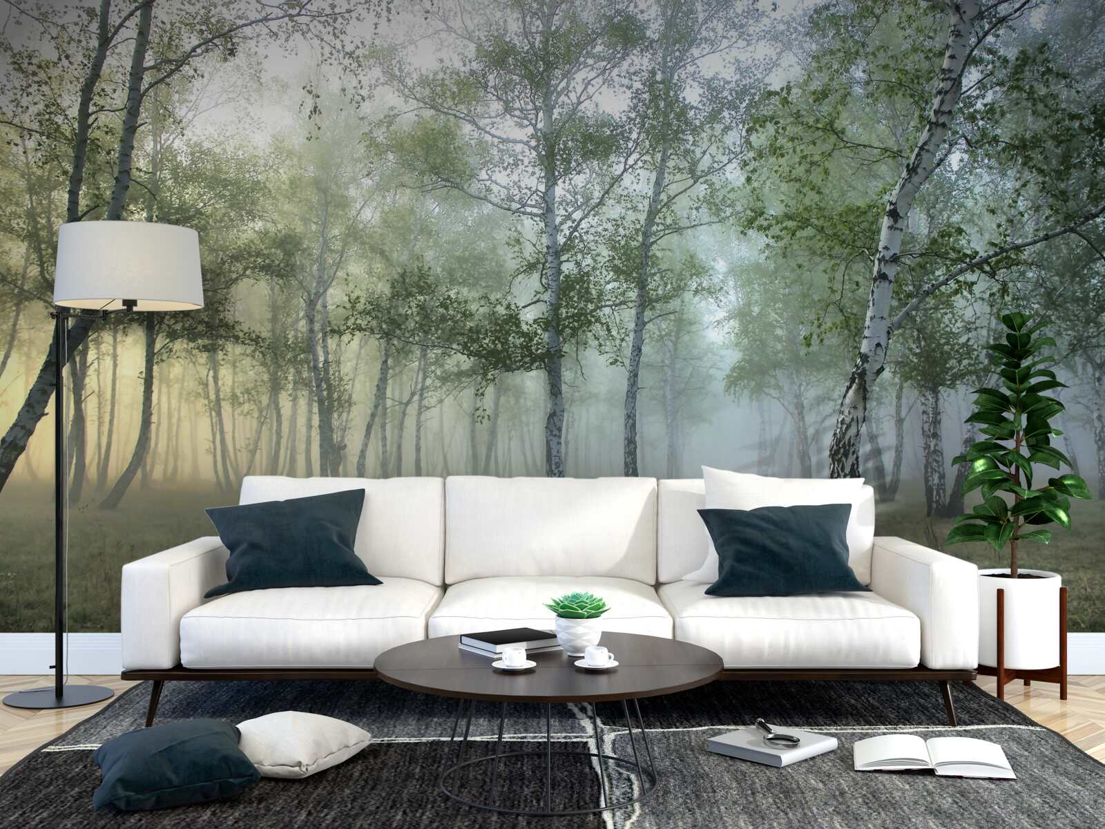 Фотошпалери високі берези, оповиті ранковим туманом