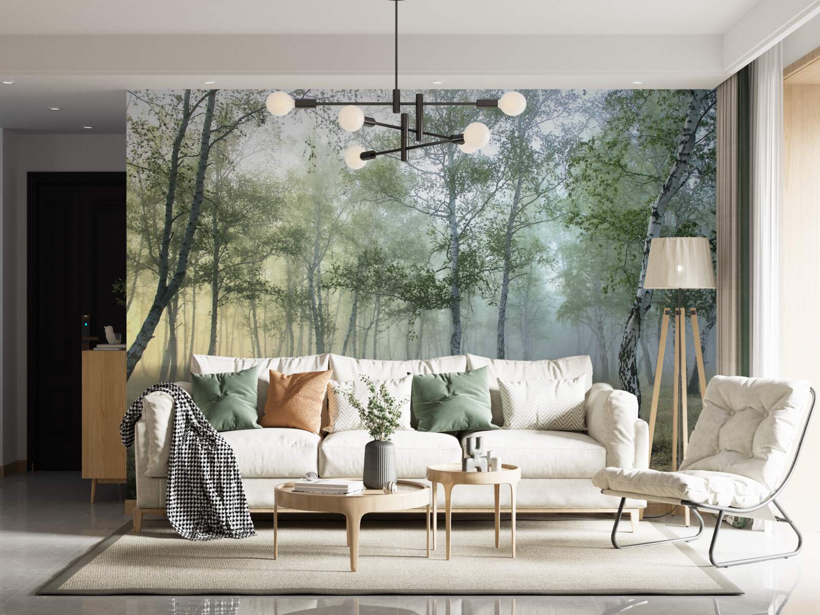 Фотошпалери високі берези, оповиті ранковим туманом