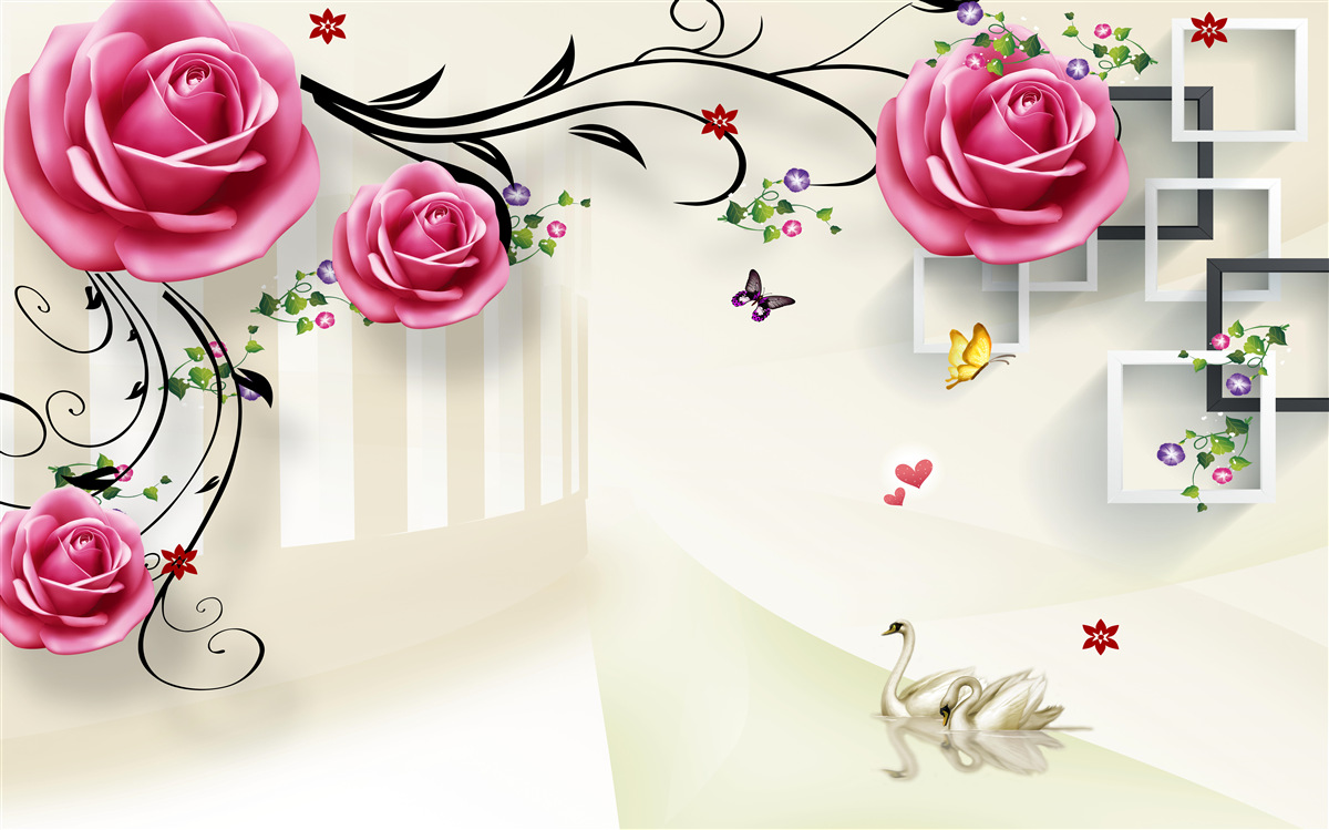 Фотошпалери сріблясті гілки з рожевими трояндами