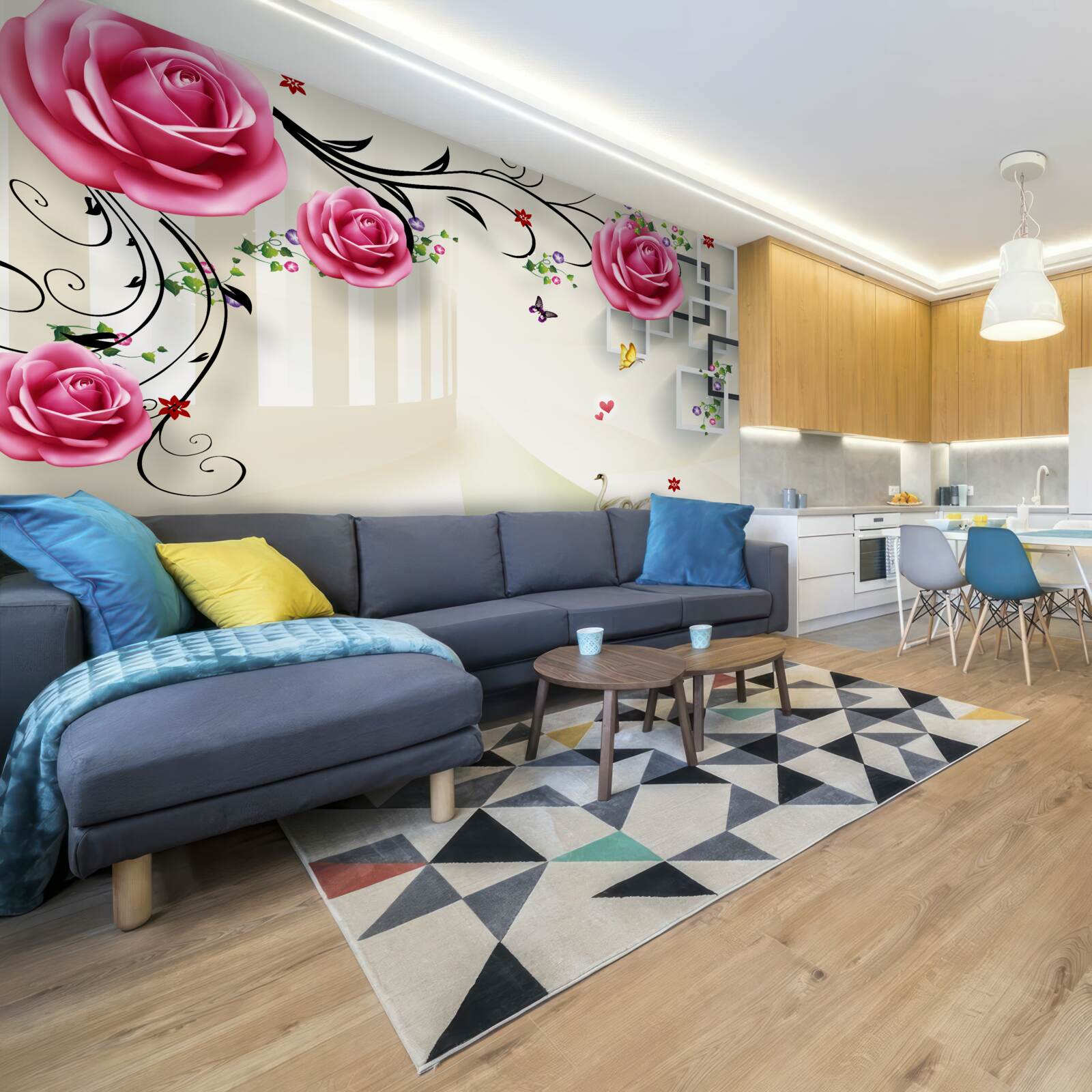 Фотошпалери сріблясті гілки з рожевими трояндами