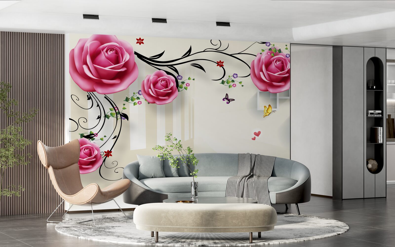 Фотошпалери сріблясті гілки з рожевими трояндами