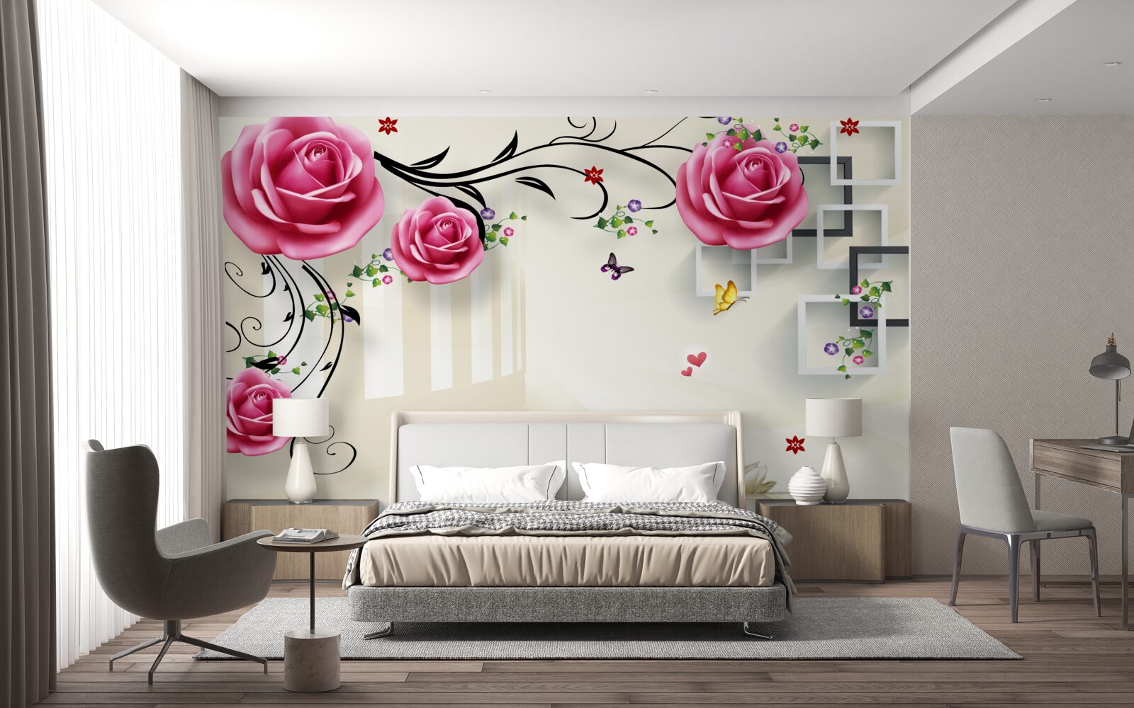 Фотошпалери сріблясті гілки з рожевими трояндами