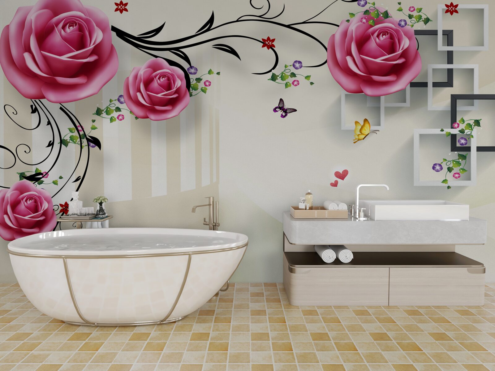 Фотошпалери сріблясті гілки з рожевими трояндами