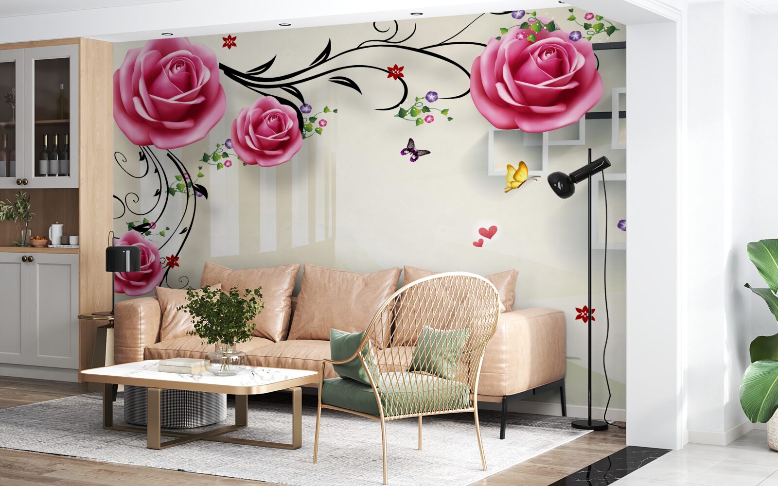 Фотошпалери сріблясті гілки з рожевими трояндами