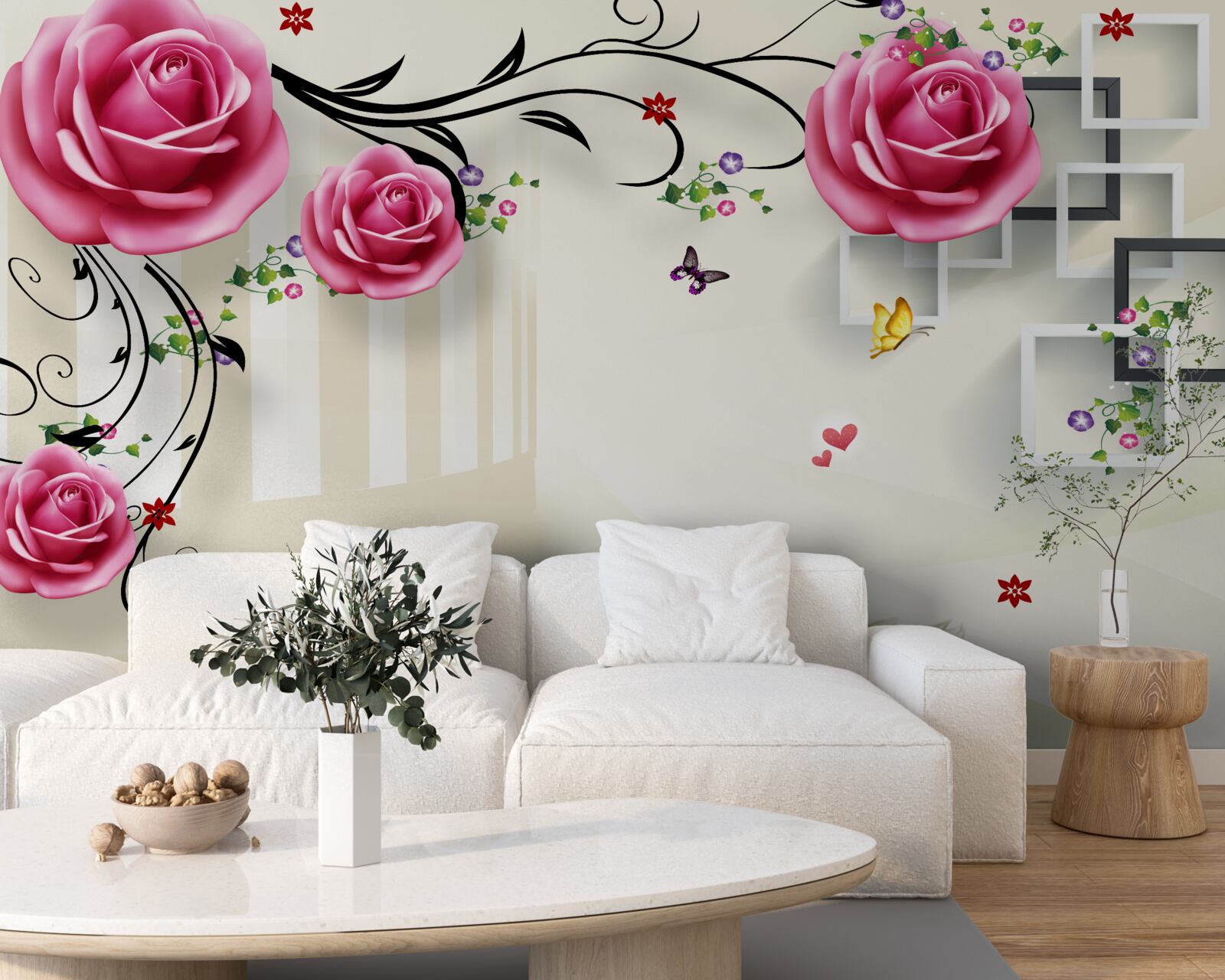 Фотошпалери сріблясті гілки з рожевими трояндами