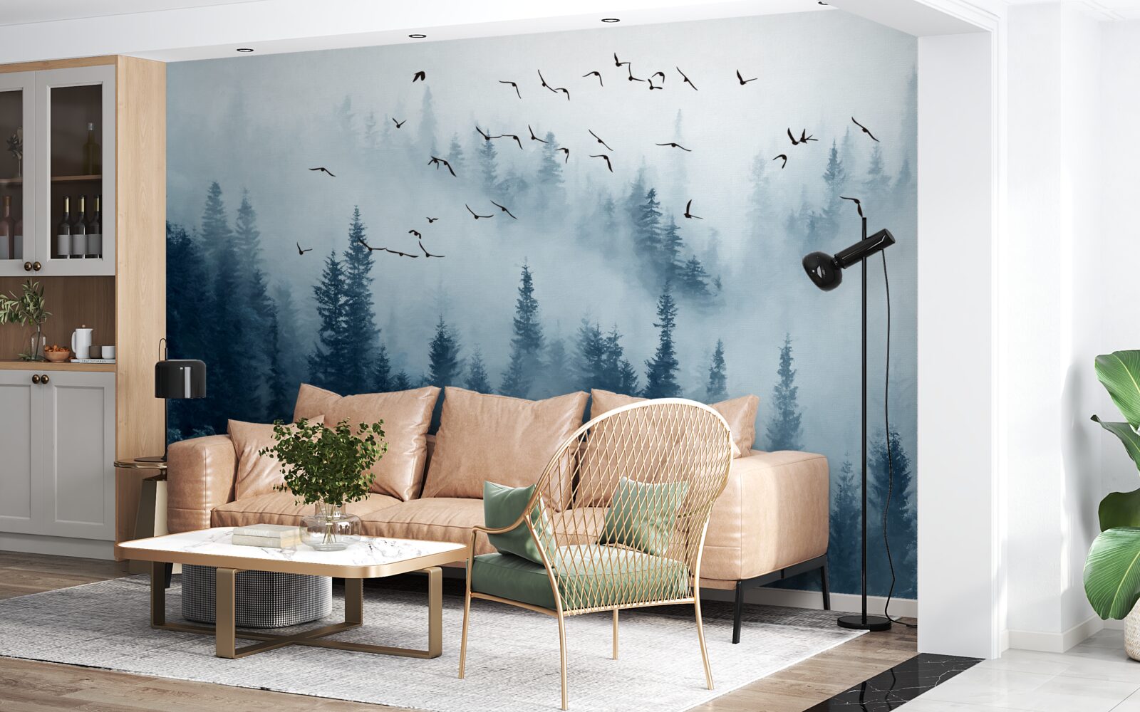 Фотошпалери зграя птахів пролітає над лісом, оповитим туманом