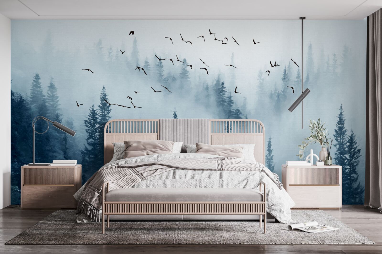 Фотошпалери зграя птахів пролітає над лісом, оповитим туманом