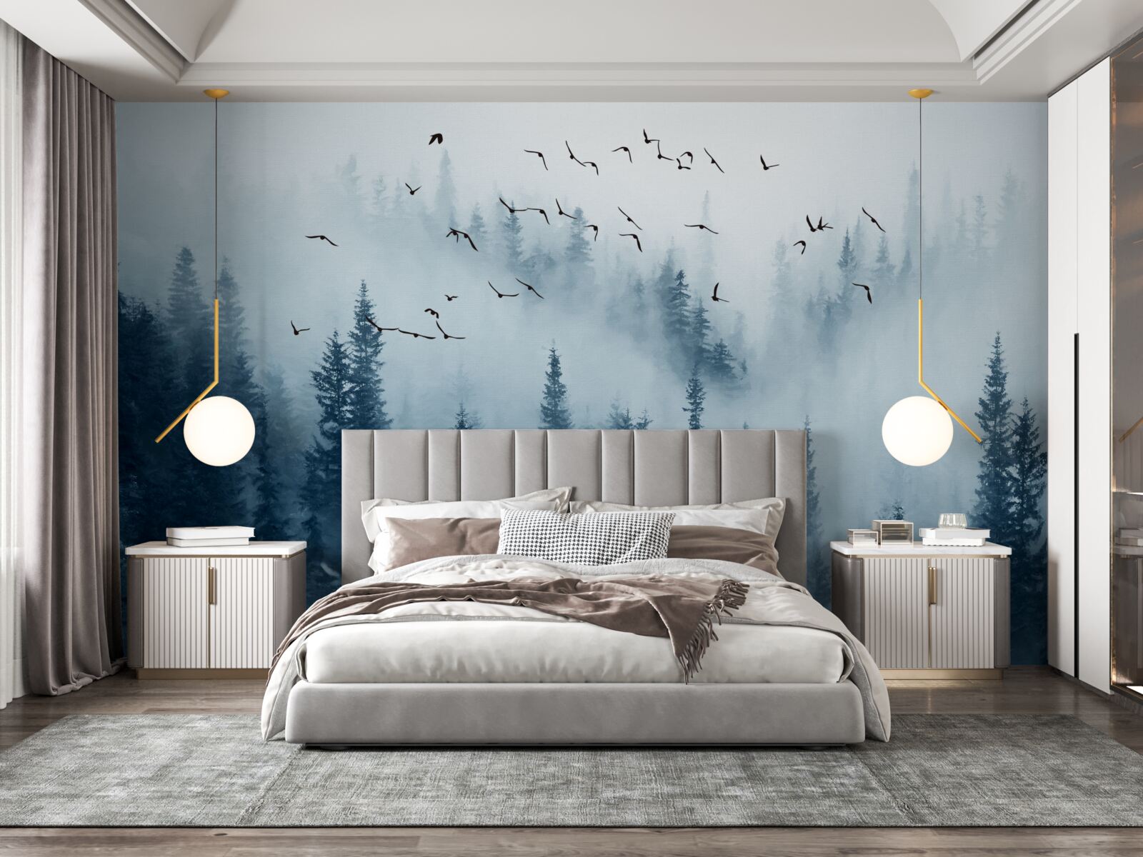 Фотошпалери зграя птахів пролітає над лісом, оповитим туманом