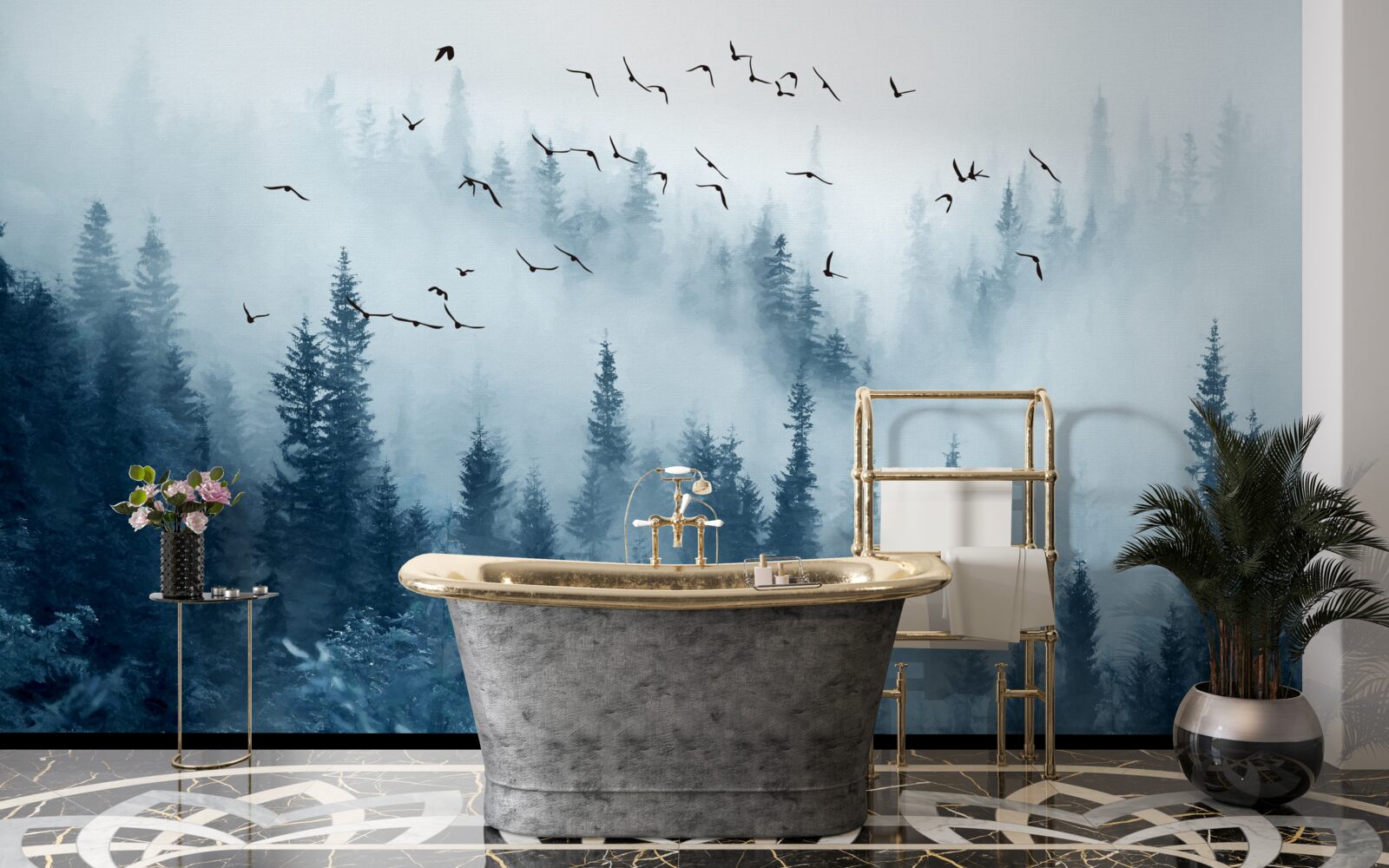 Фотошпалери зграя птахів пролітає над лісом, оповитим туманом