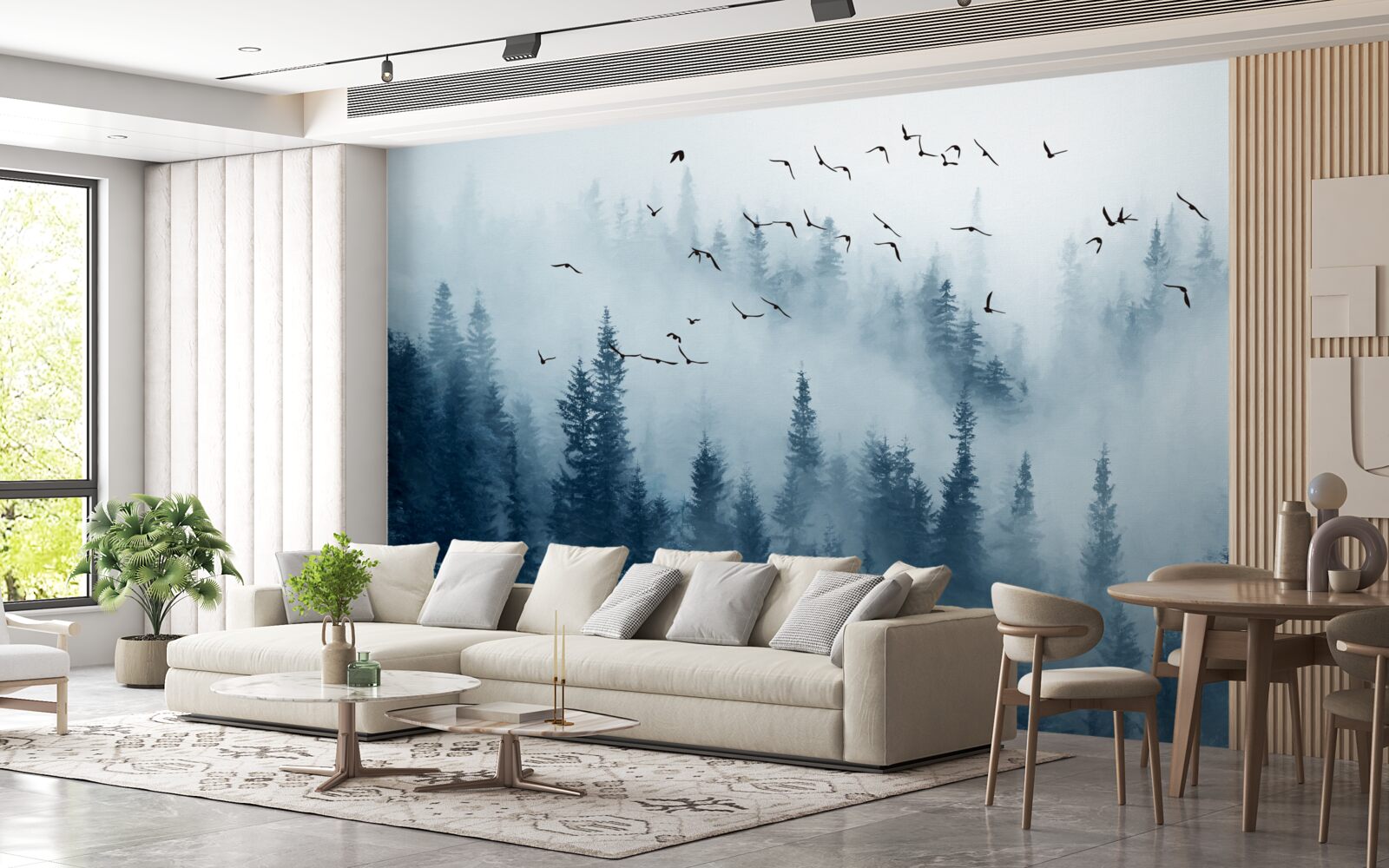 Фотошпалери зграя птахів пролітає над лісом, оповитим туманом