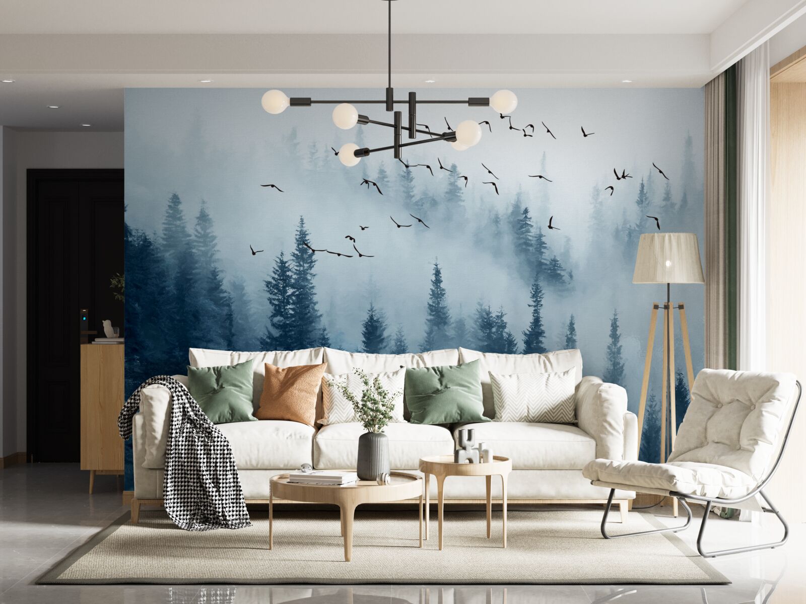 Фотошпалери зграя птахів пролітає над лісом, оповитим туманом