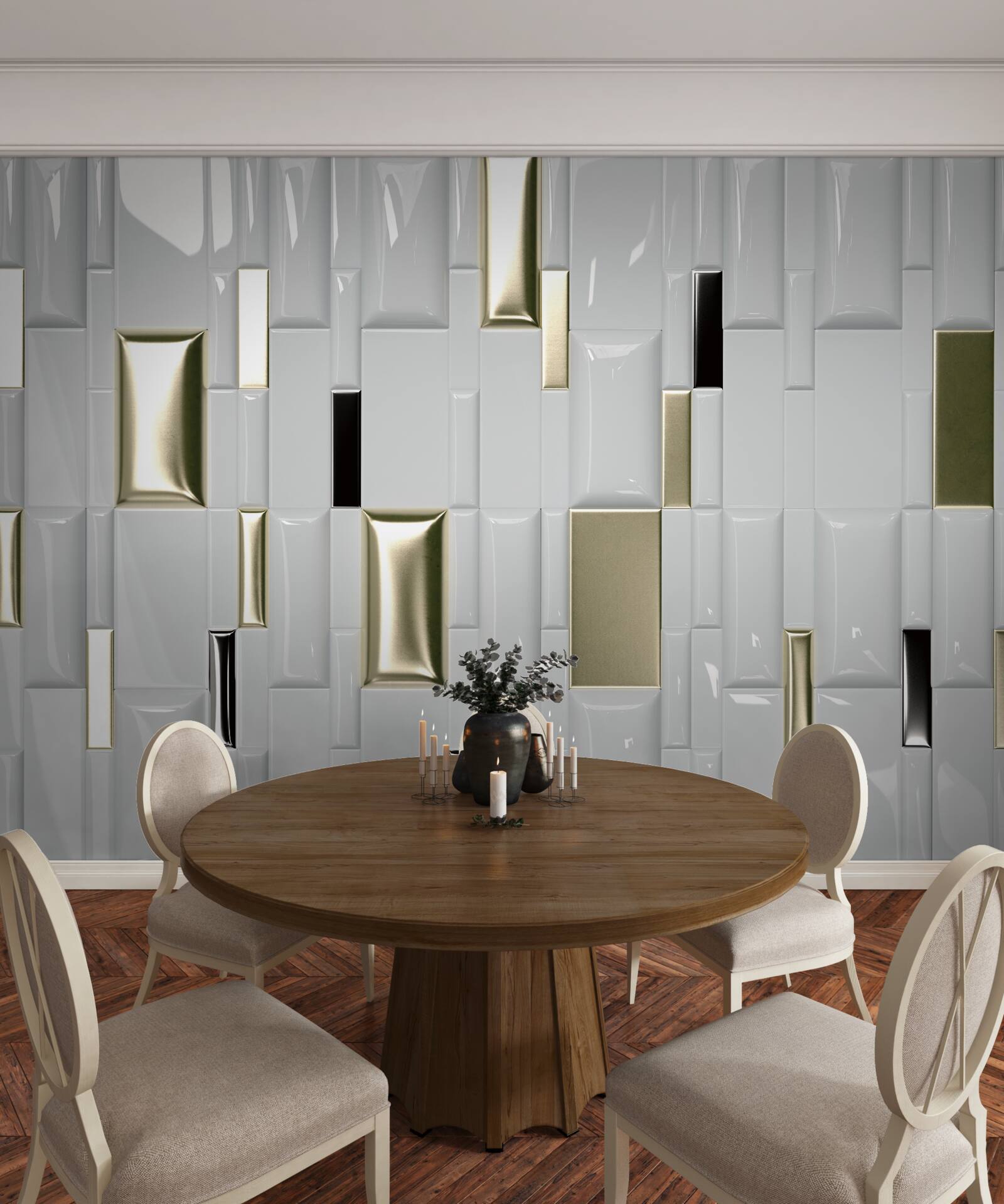 Фотошпалери плитка з блискучою поверхнею та золотими елементами