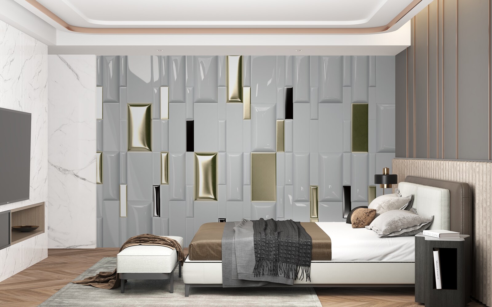 Фотошпалери плитка з блискучою поверхнею та золотими елементами