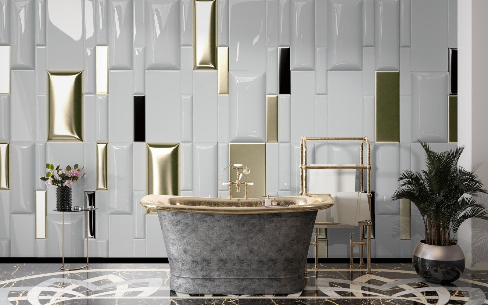 Фотошпалери плитка з блискучою поверхнею та золотими елементами