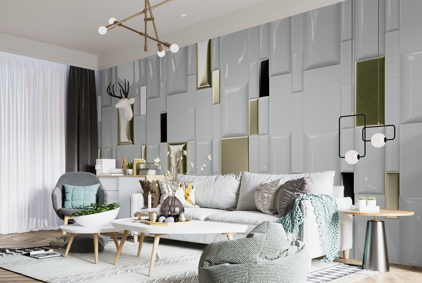 Фотошпалери плитка з блискучою поверхнею та золотими елементами