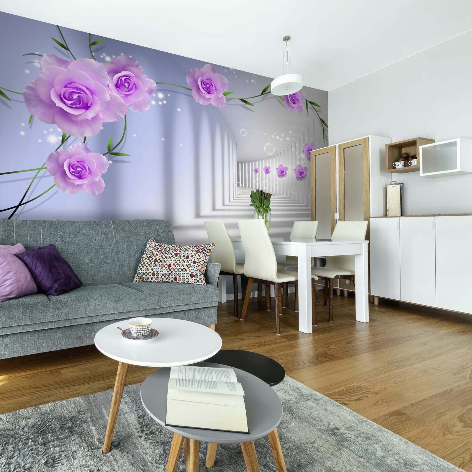 Фотошпалери коридор довгий, а троянди бузкові