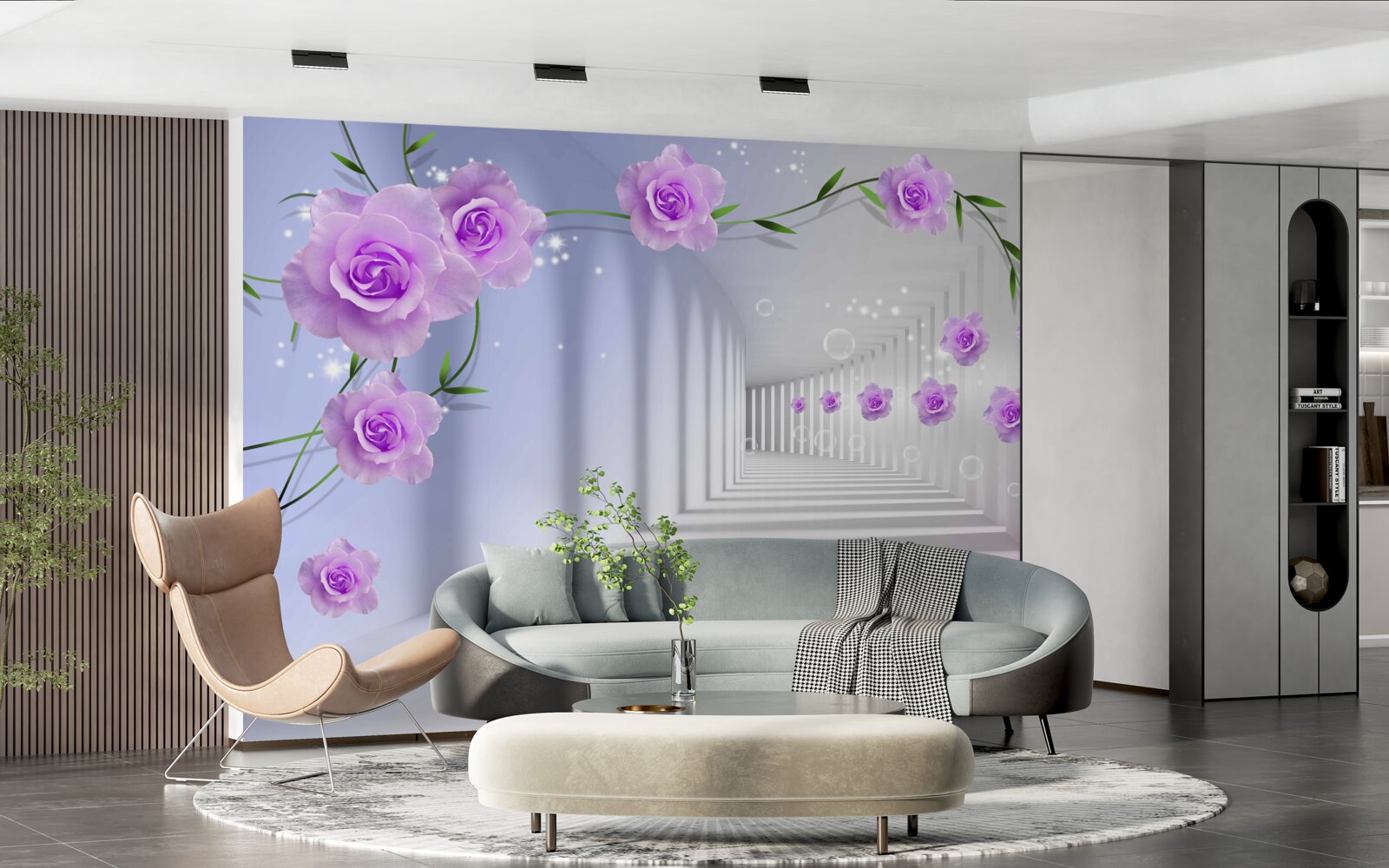 Фотошпалери коридор довгий, а троянди бузкові