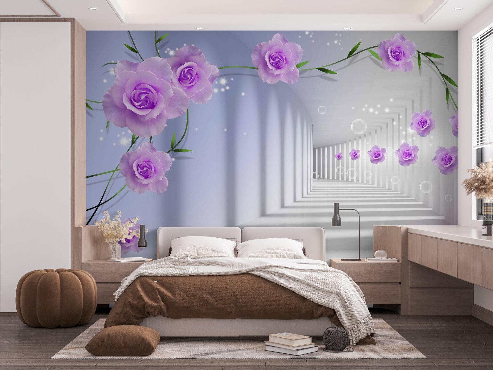 Фотошпалери коридор довгий, а троянди бузкові