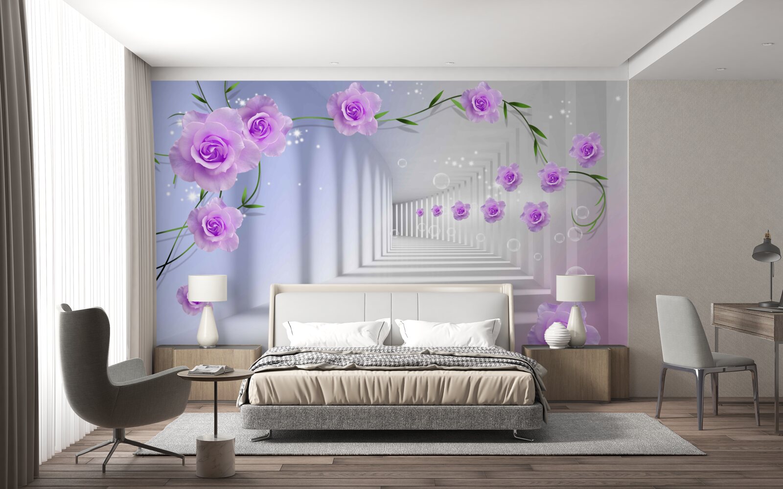 Фотошпалери коридор довгий, а троянди бузкові