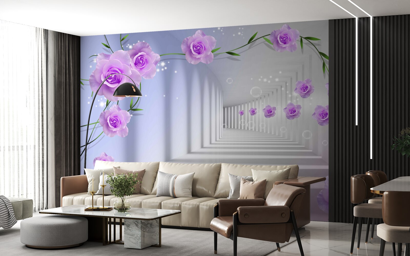 Фотошпалери коридор довгий, а троянди бузкові