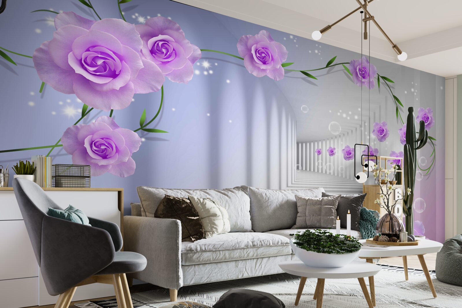 Фотошпалери коридор довгий, а троянди бузкові