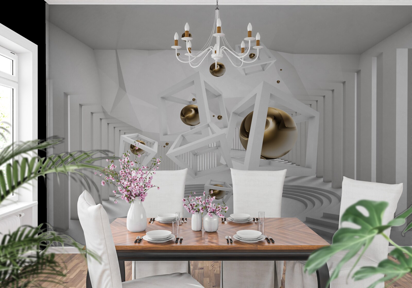 Фотошпалери золоті кулі та білі кубики