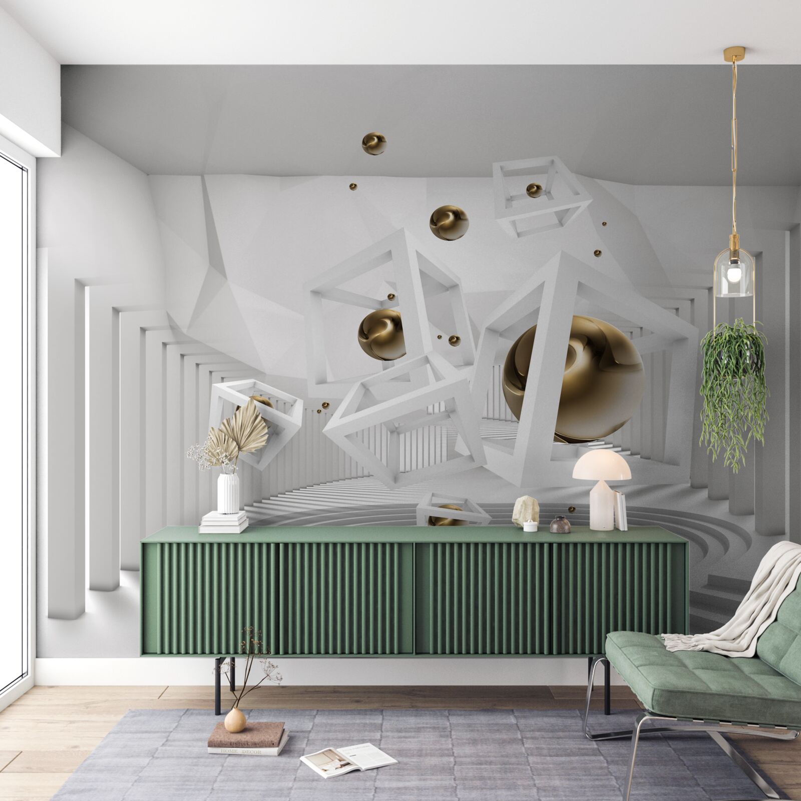 Фотошпалери золоті кулі та білі кубики