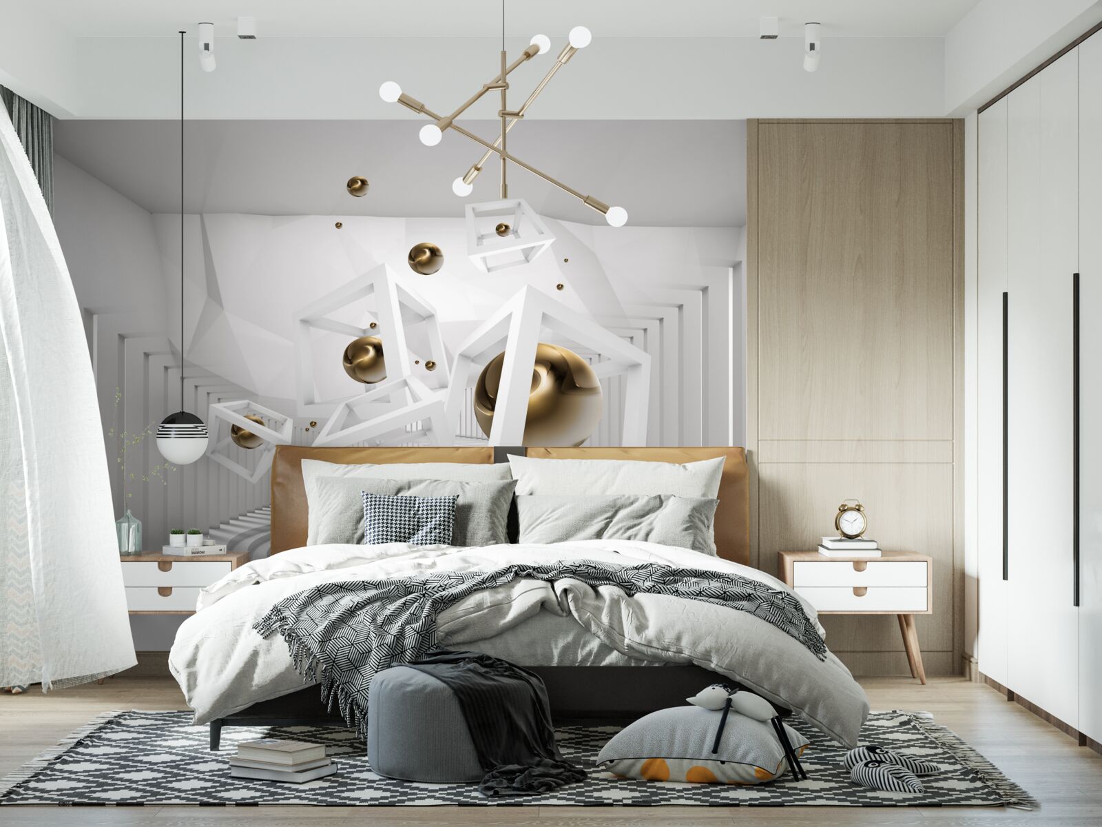 Фотошпалери золоті кулі та білі кубики