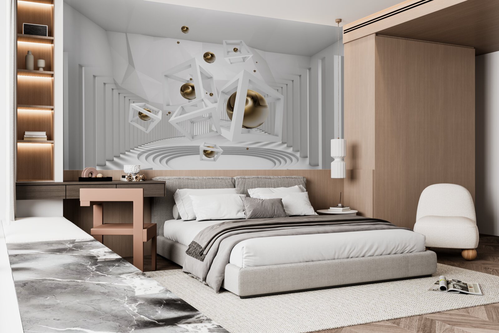 Фотошпалери золоті кулі та білі кубики