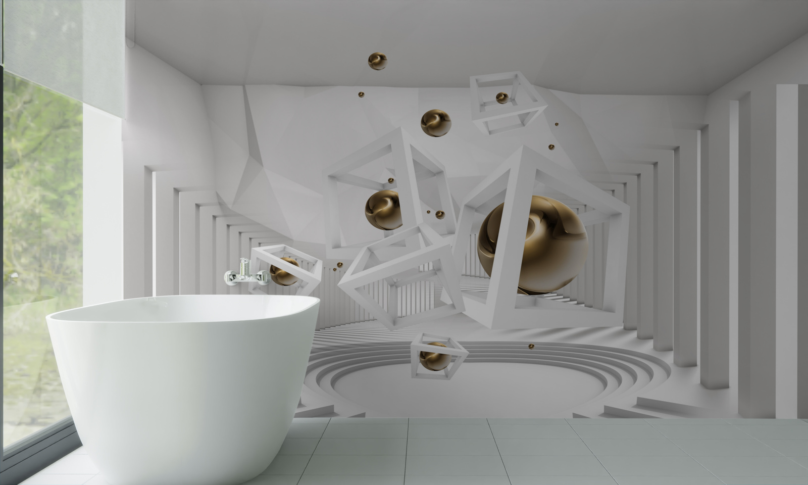 Фотошпалери золоті кулі та білі кубики