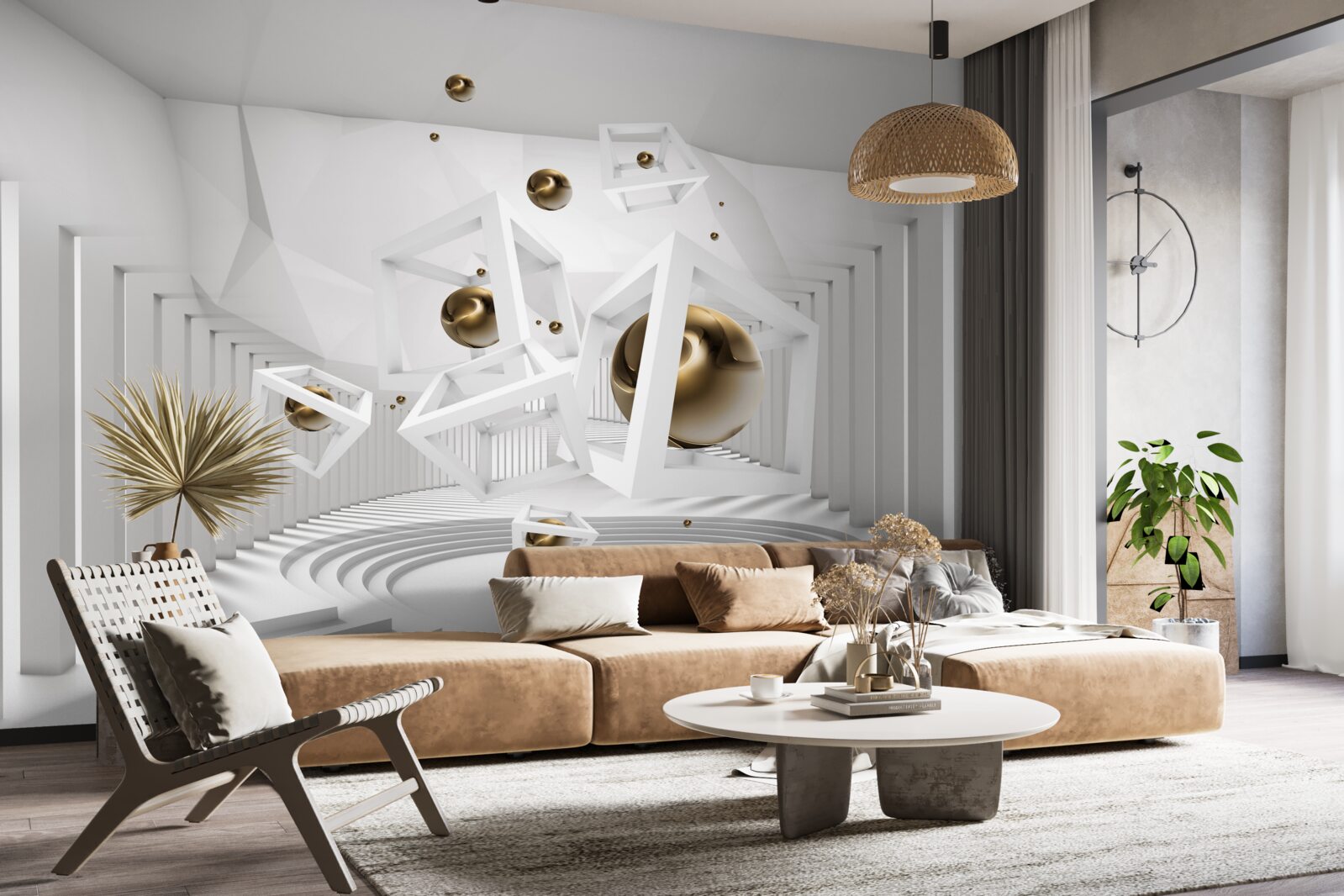 Фотошпалери золоті кулі та білі кубики