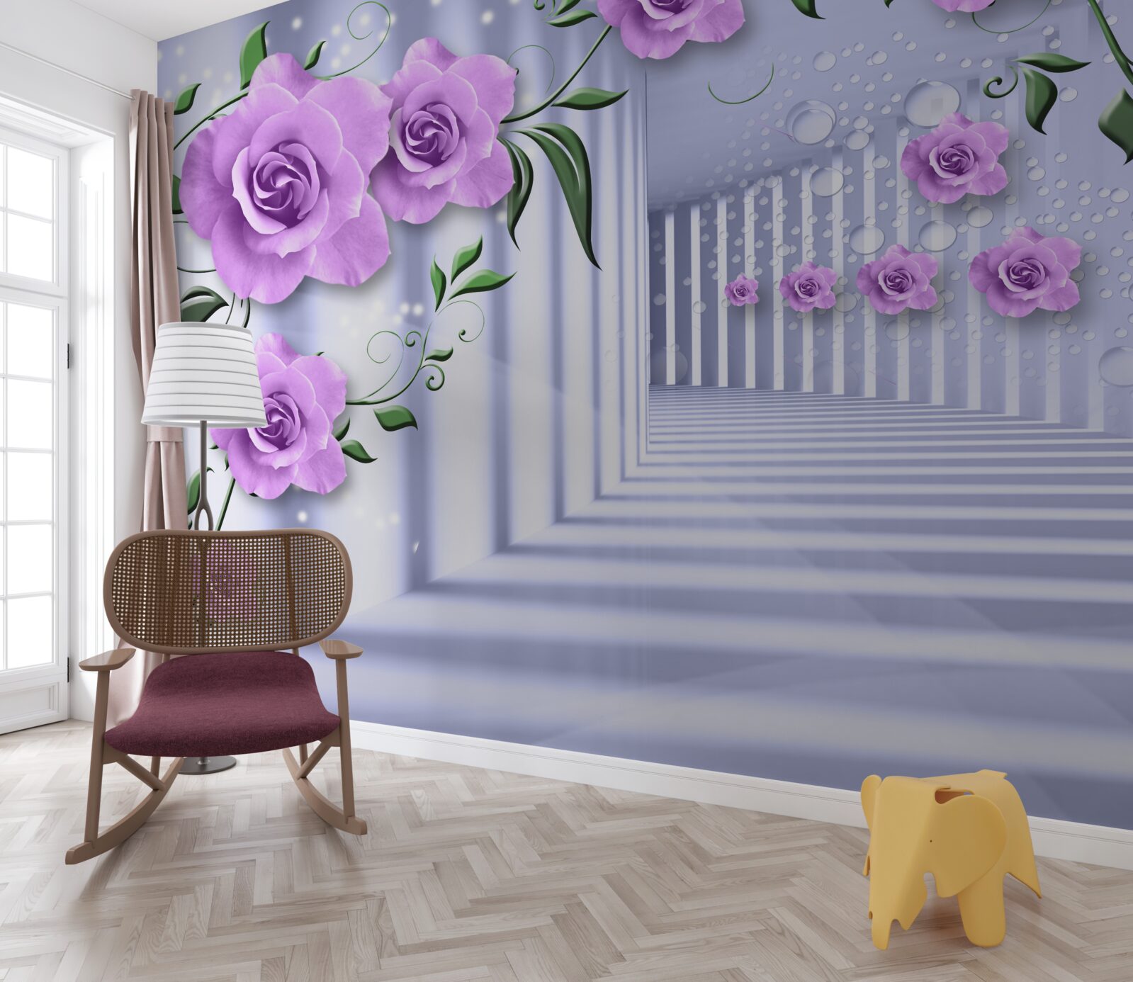 Фотошпалери рожево-бузкові гілки та білосніжний коридор