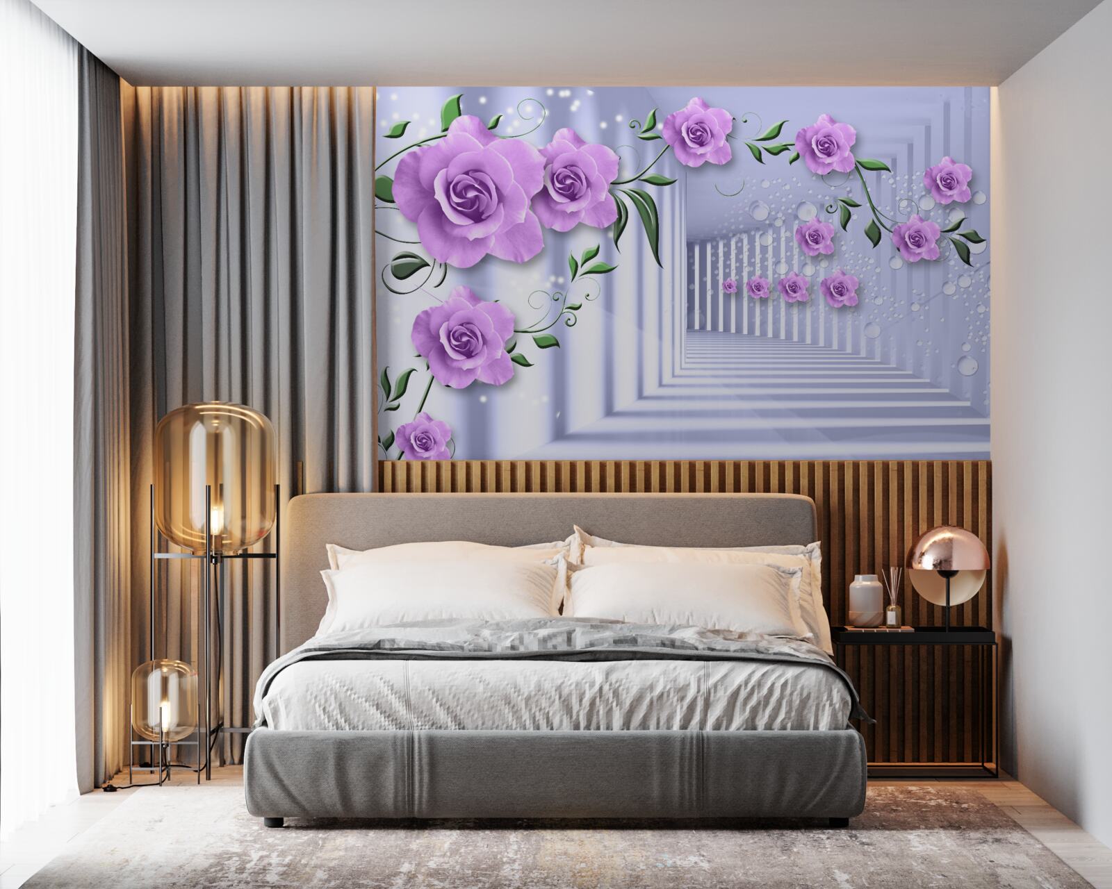 Фотошпалери рожево-бузкові гілки та білосніжний коридор