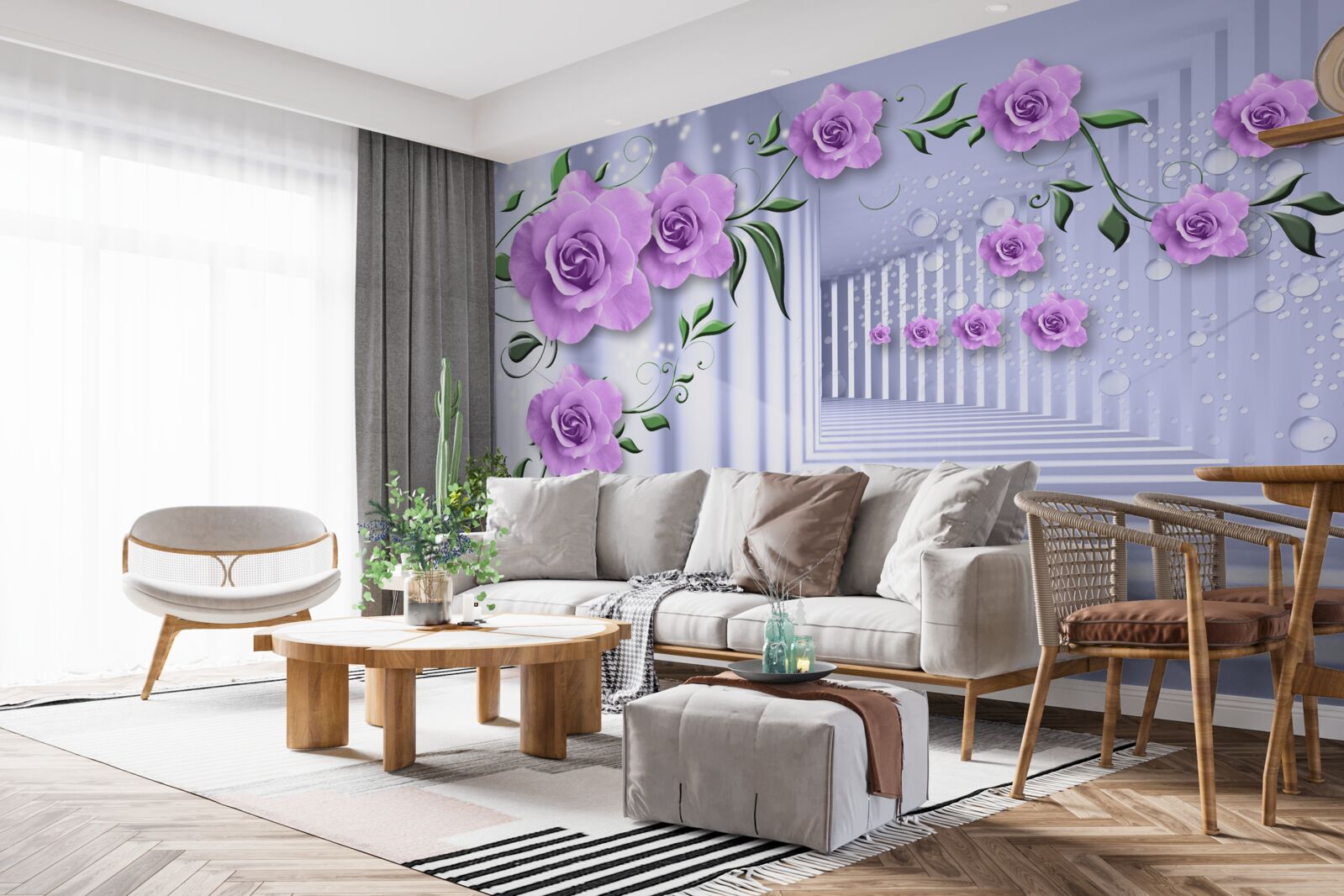 Фотошпалери рожево-бузкові гілки та білосніжний коридор