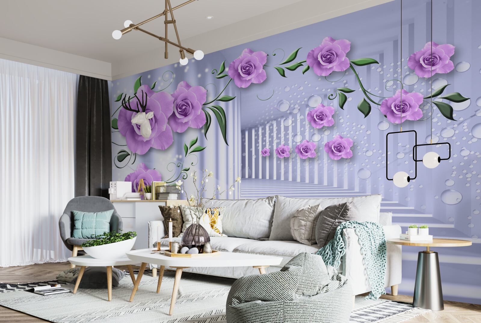 Фотошпалери рожево-бузкові гілки та білосніжний коридор