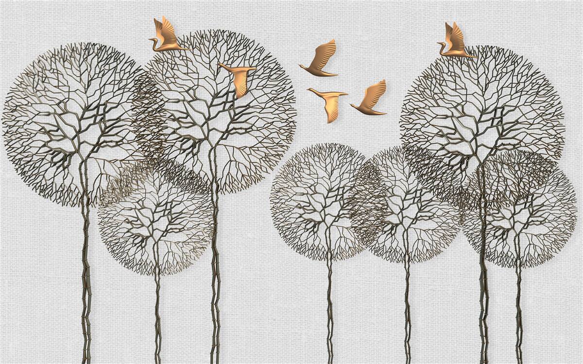 Фотошпалери незвичайні кулясті форми дерев і позолочені птахи