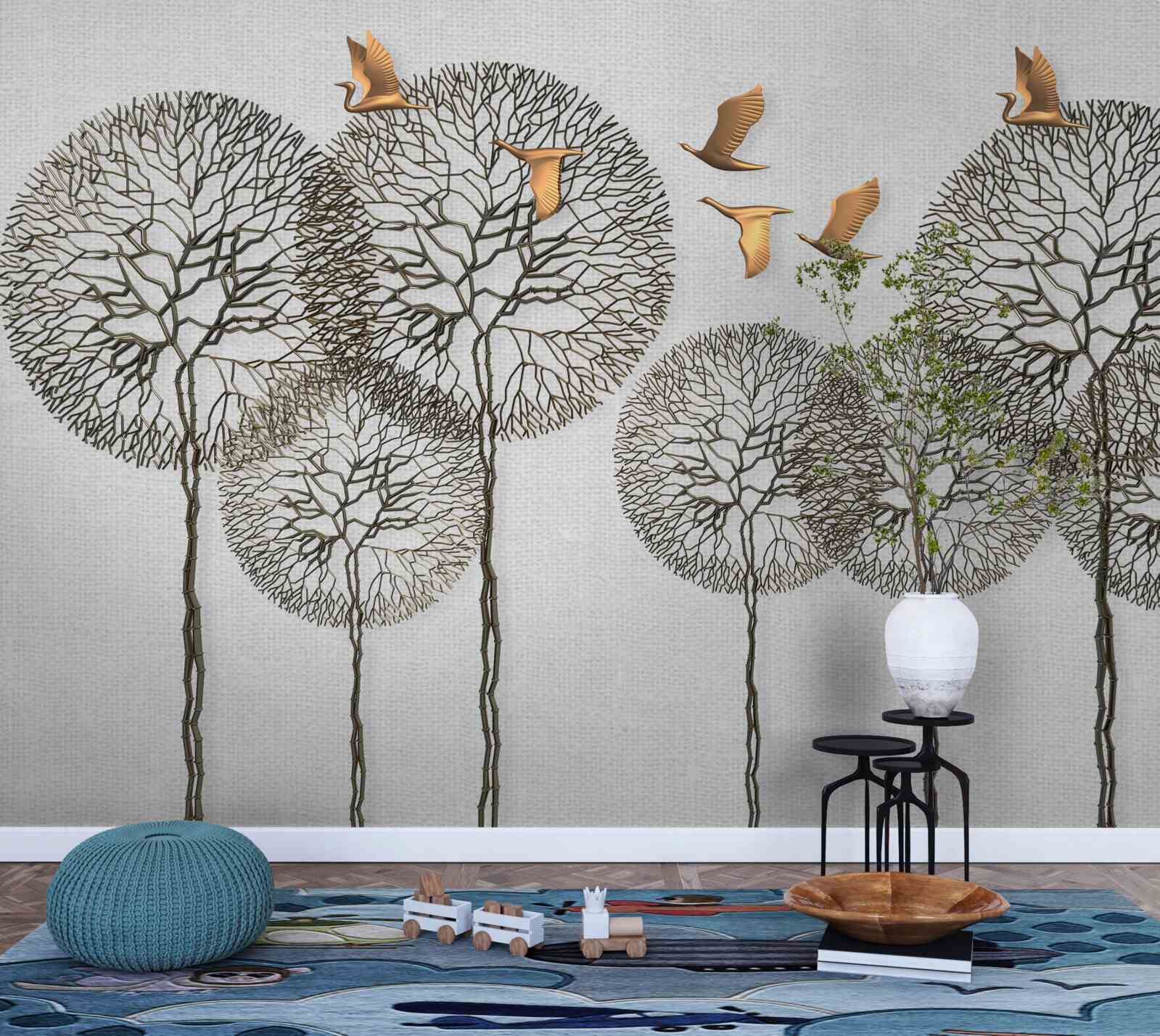 Фотошпалери незвичайні кулясті форми дерев і позолочені птахи