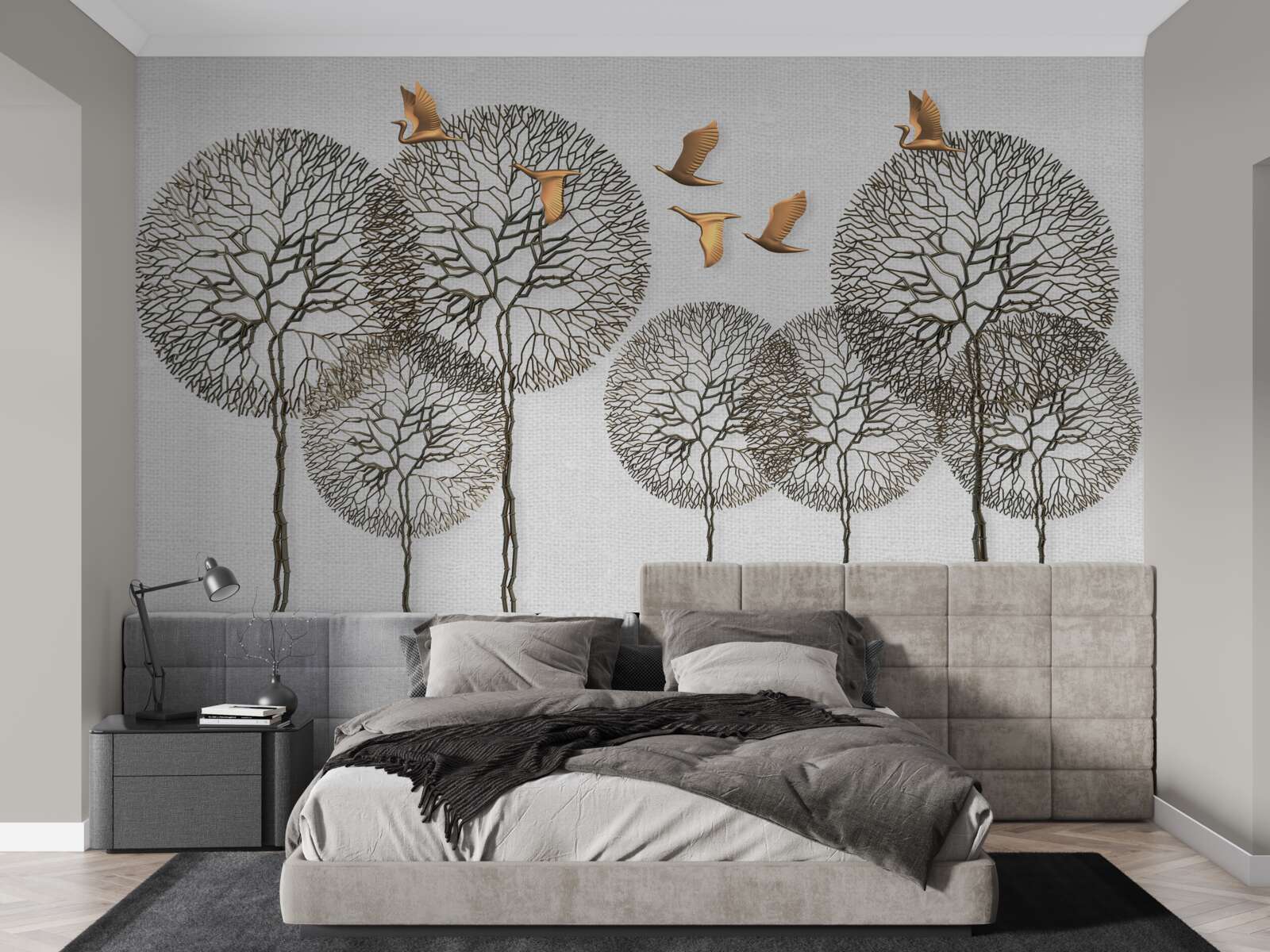 Фотошпалери незвичайні кулясті форми дерев і позолочені птахи
