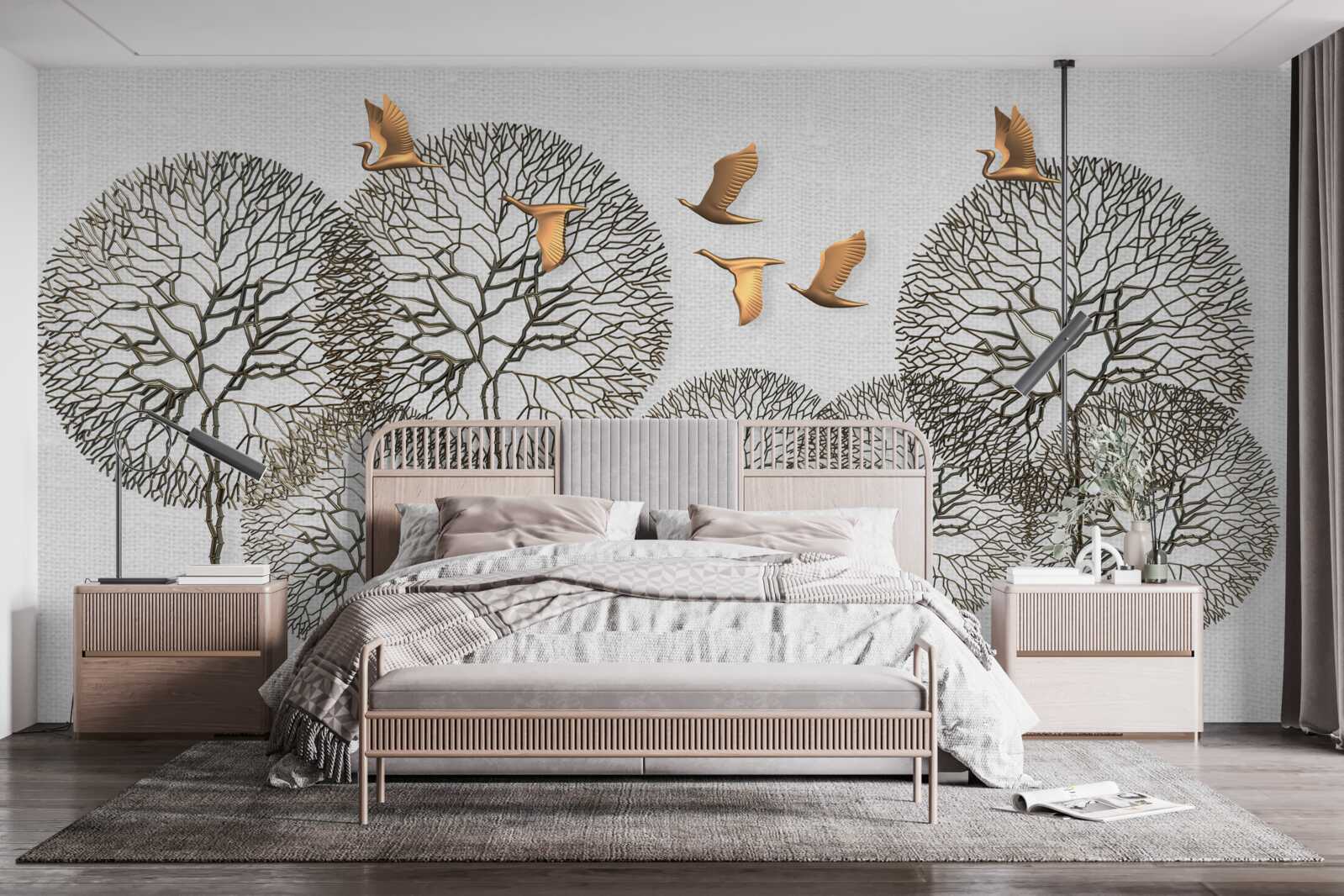 Фотошпалери незвичайні кулясті форми дерев і позолочені птахи