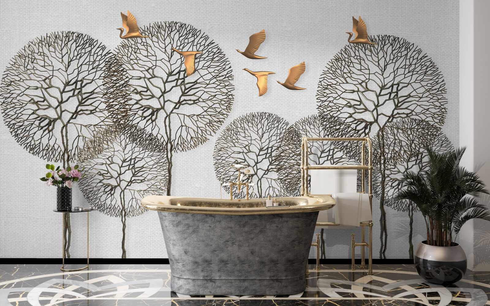 Фотошпалери незвичайні кулясті форми дерев і позолочені птахи