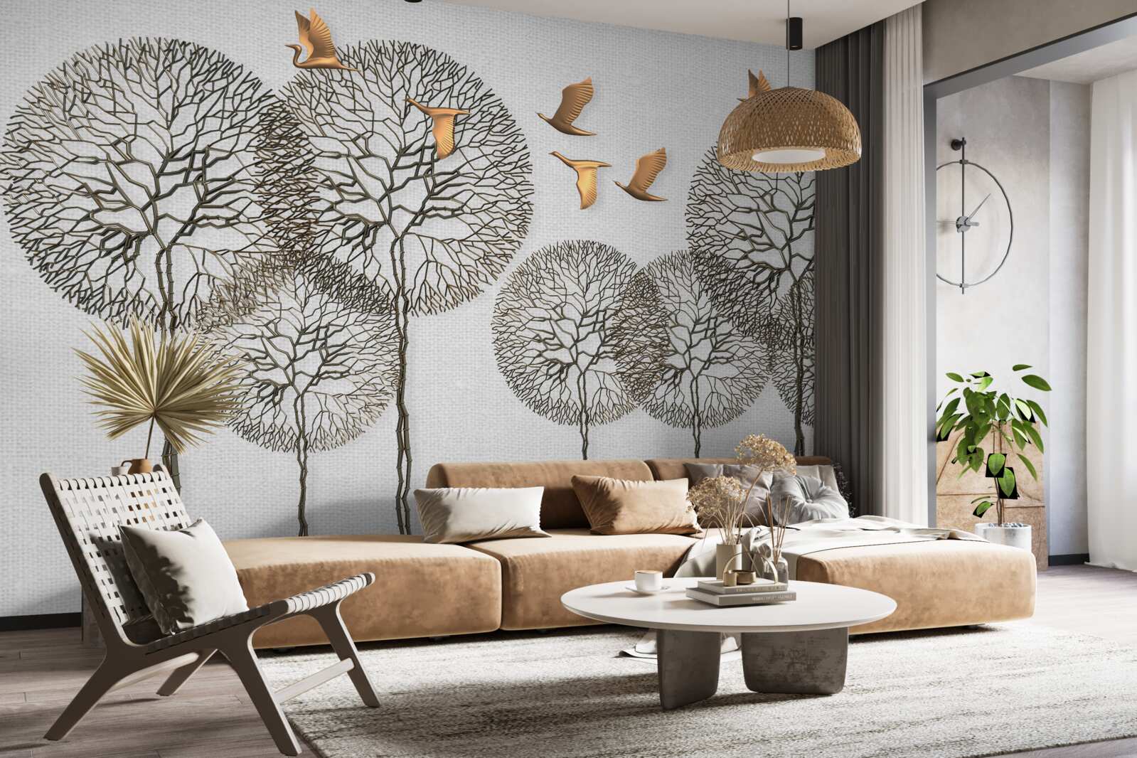 Фотошпалери незвичайні кулясті форми дерев і позолочені птахи