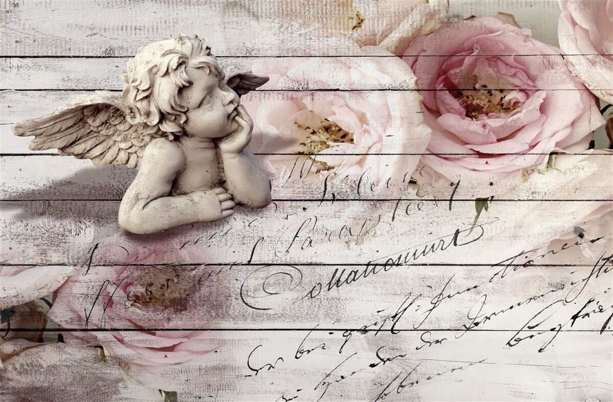 Фотошпалери задумливий маленький ангел на паркетній підлозі