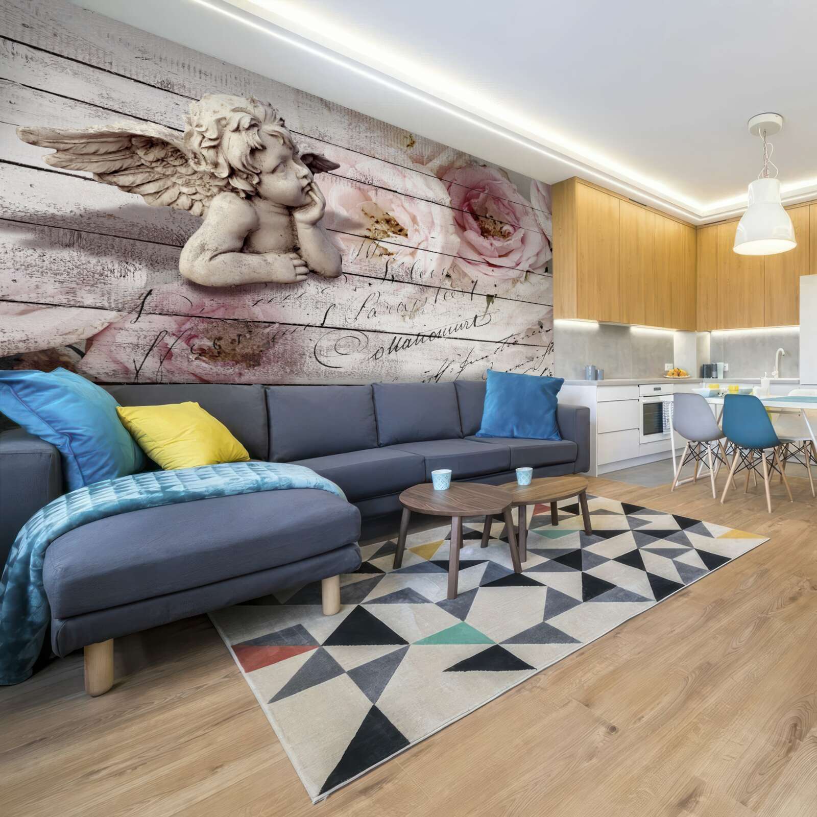 Фотошпалери задумливий маленький ангел на паркетній підлозі