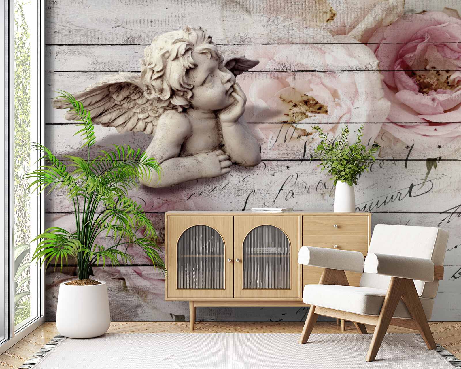 Фотошпалери задумливий маленький ангел на паркетній підлозі