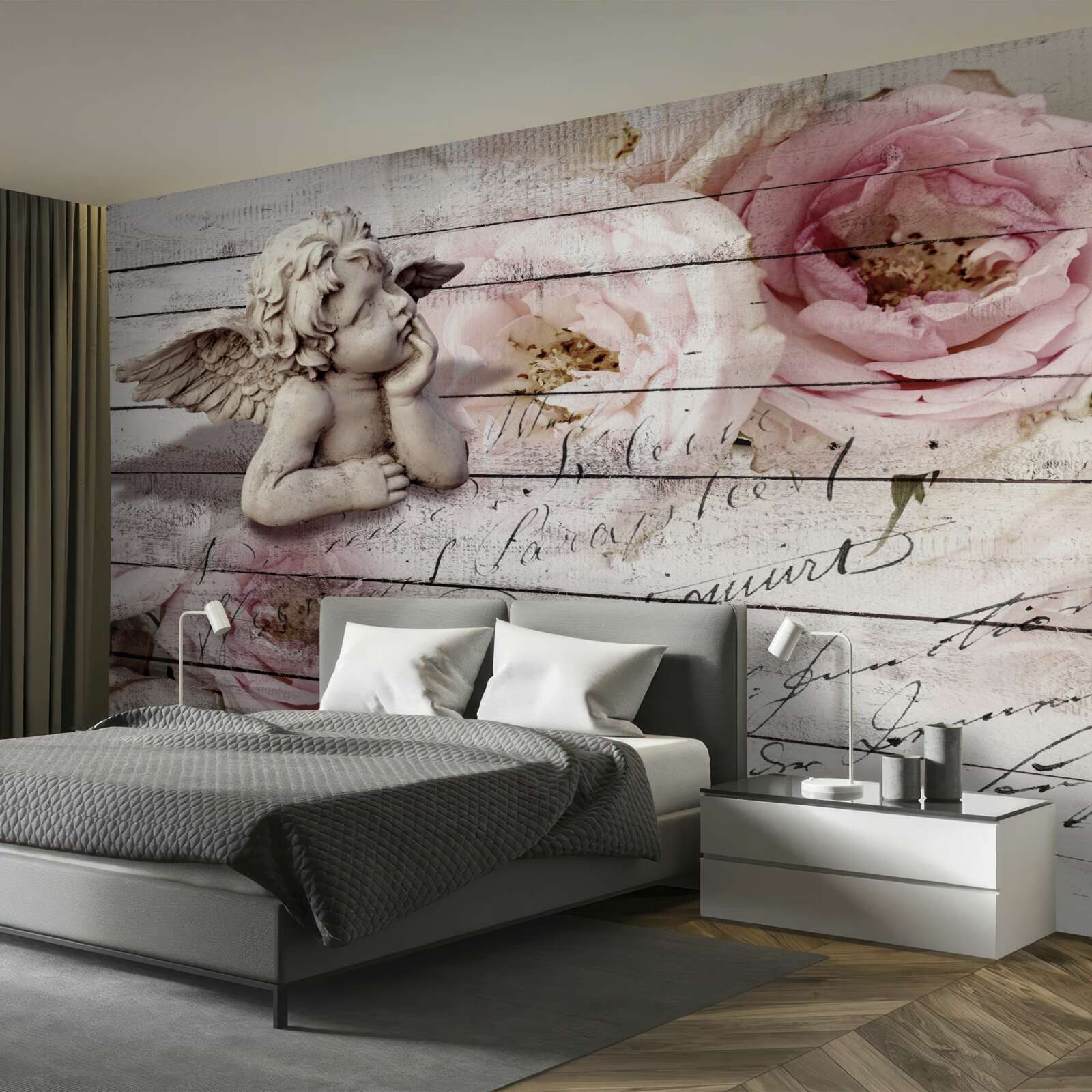 Фотошпалери задумливий маленький ангел на паркетній підлозі